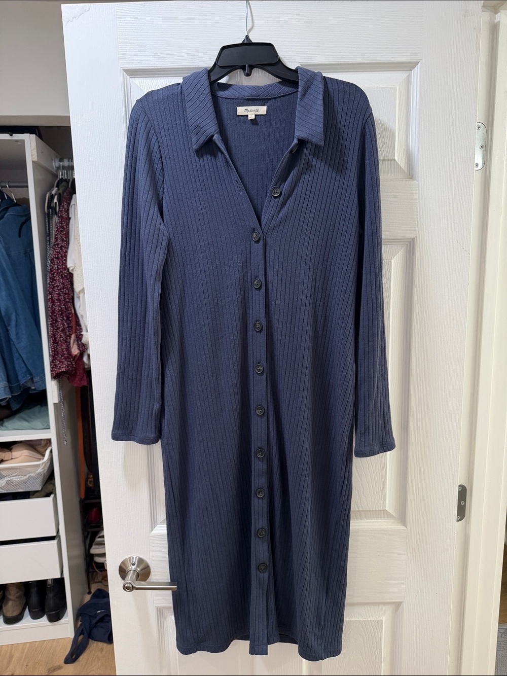 Madewell Ribbed Button-Front Navy Midi Dress